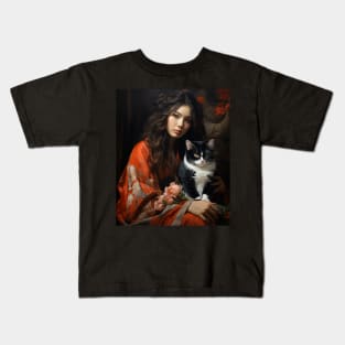 Geisha in kimono with cat Japanese Neko vintage art Kids T-Shirt